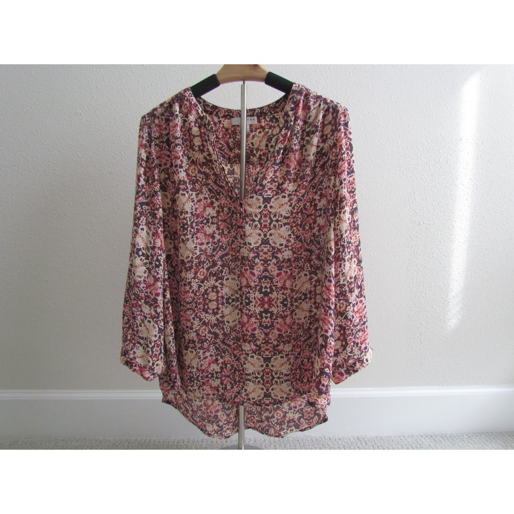 Kenar Blouse XL Pink Navy Abstract Floral Boho V-Neck Long Sleeve Top